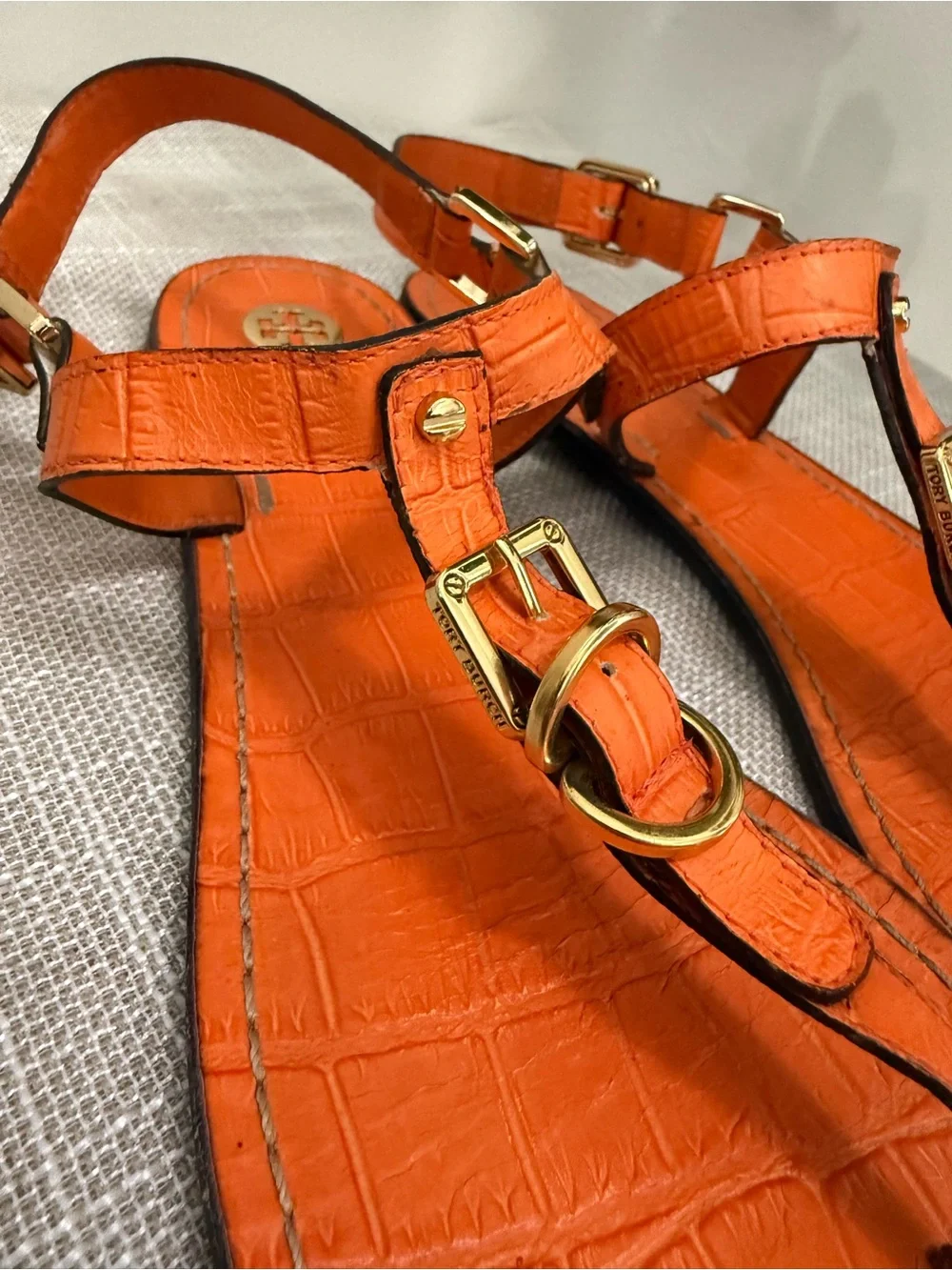 Tory Burch Orange Leather Croc Sandals
